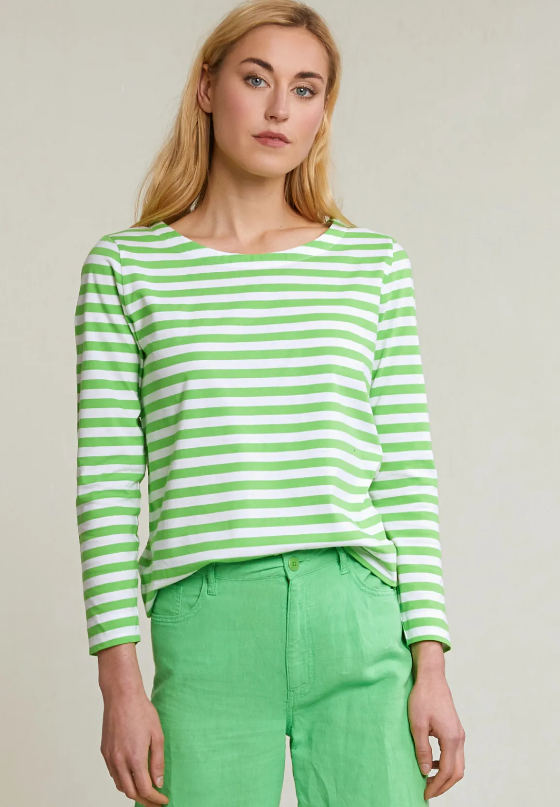 Fashion River Woods Ecru/groen gestreepte T-shirt lange mouwen -