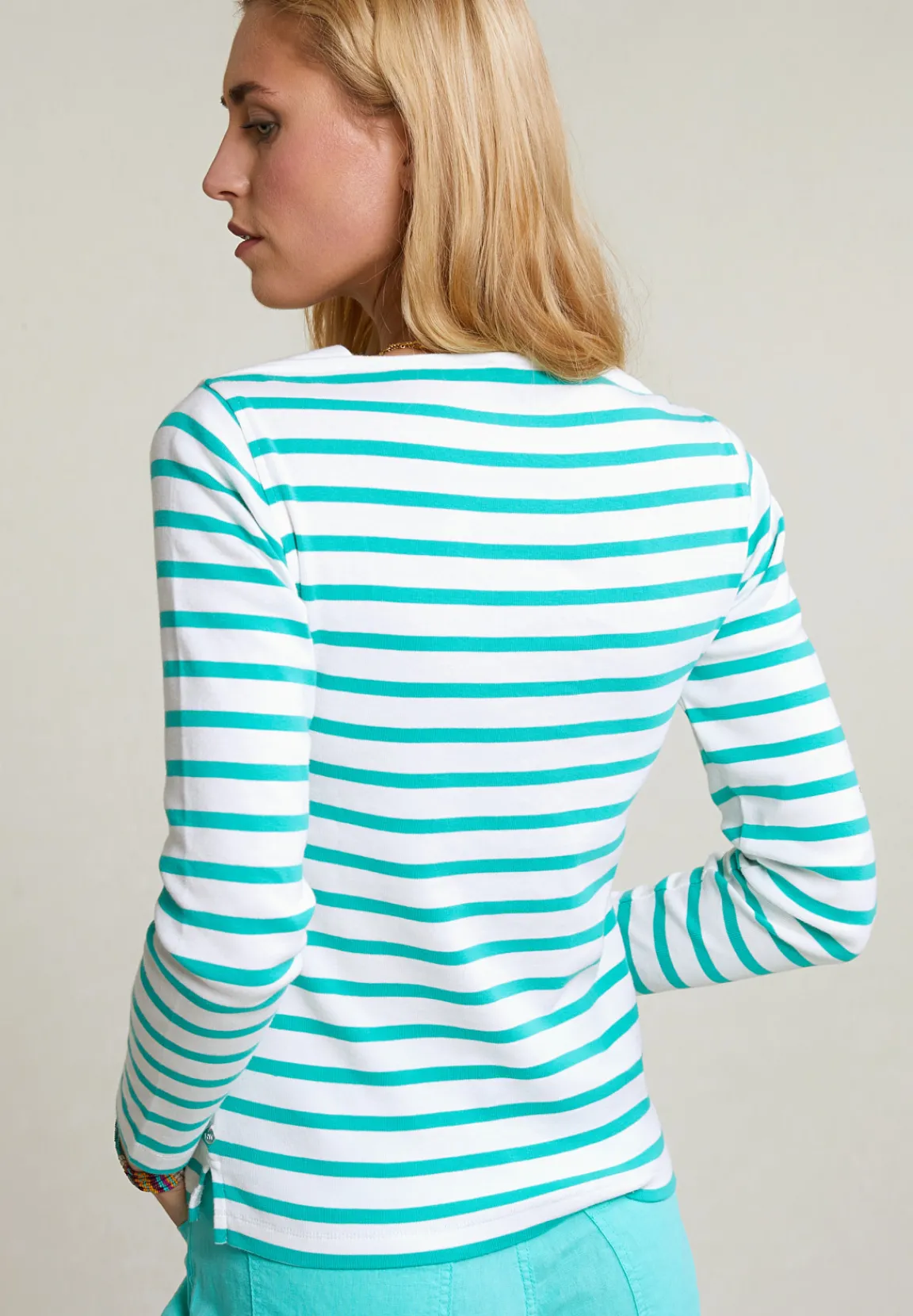 Fashion River Woods Ecru/groen gestreepte T-shirt lange mouwen -