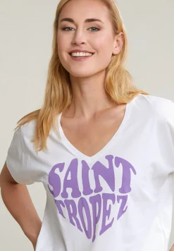 Outlet River Woods Ecru/paarse fantasie T-shirt korte mouwen -