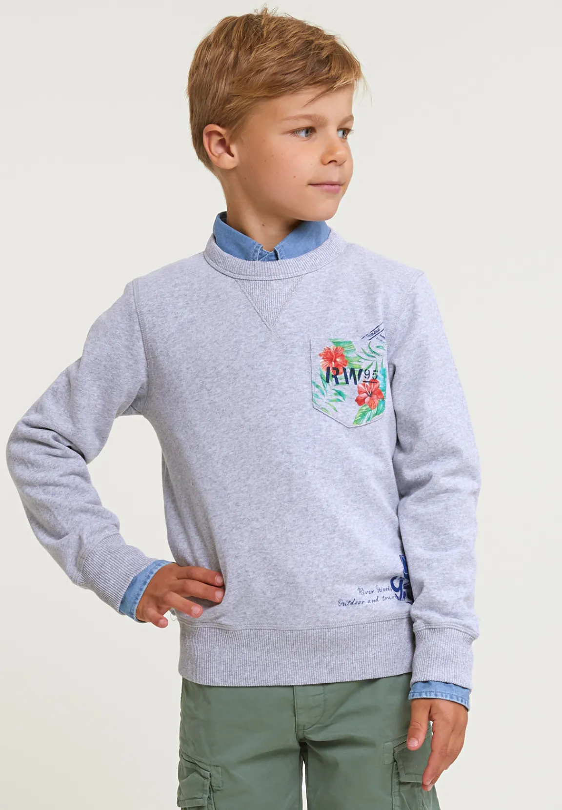 Online River Woods Fancy trui ronde hals borstzak lt grey mix -