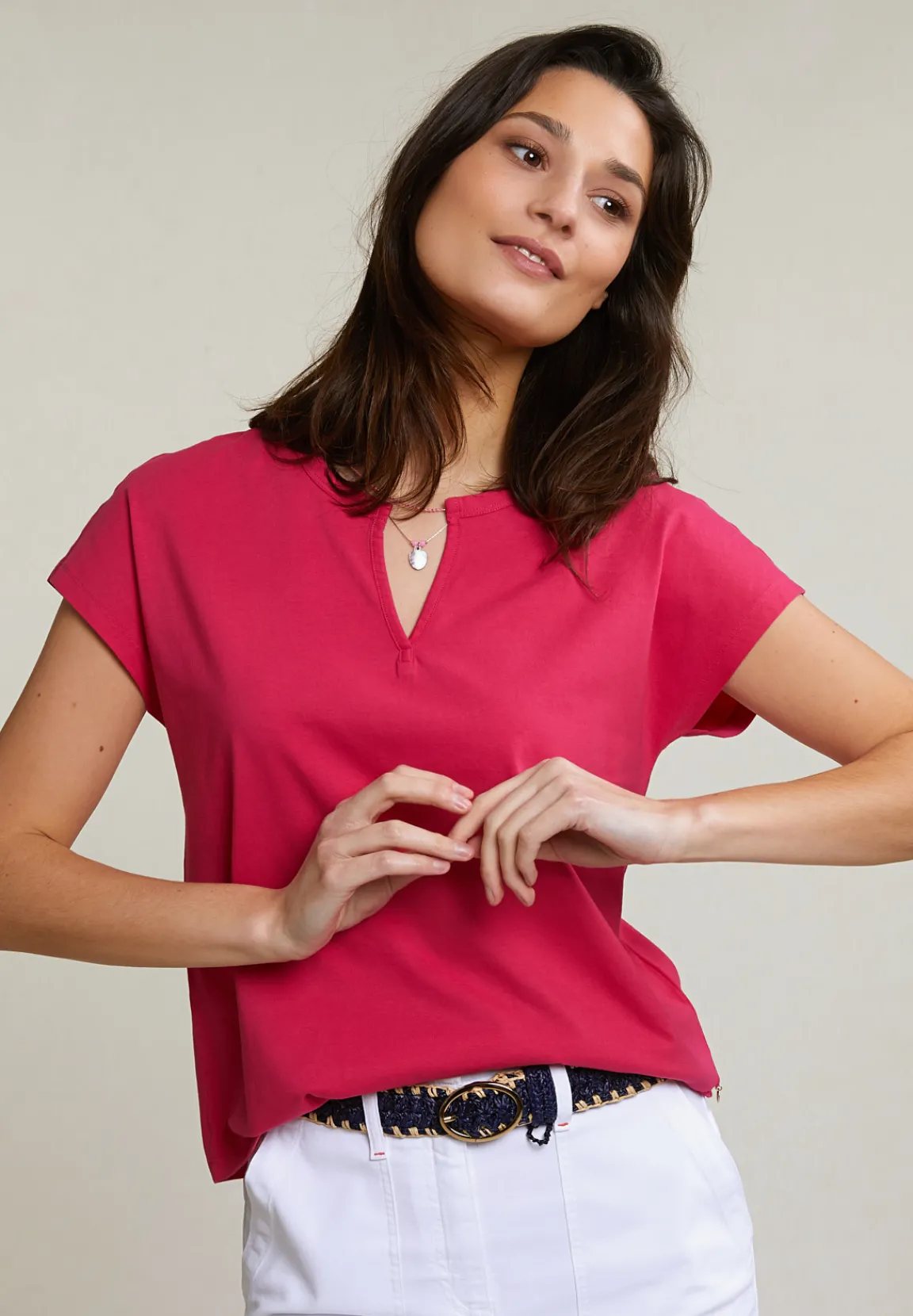 Outlet River Woods Fuchsia mouwloze V-hals T-shirt -