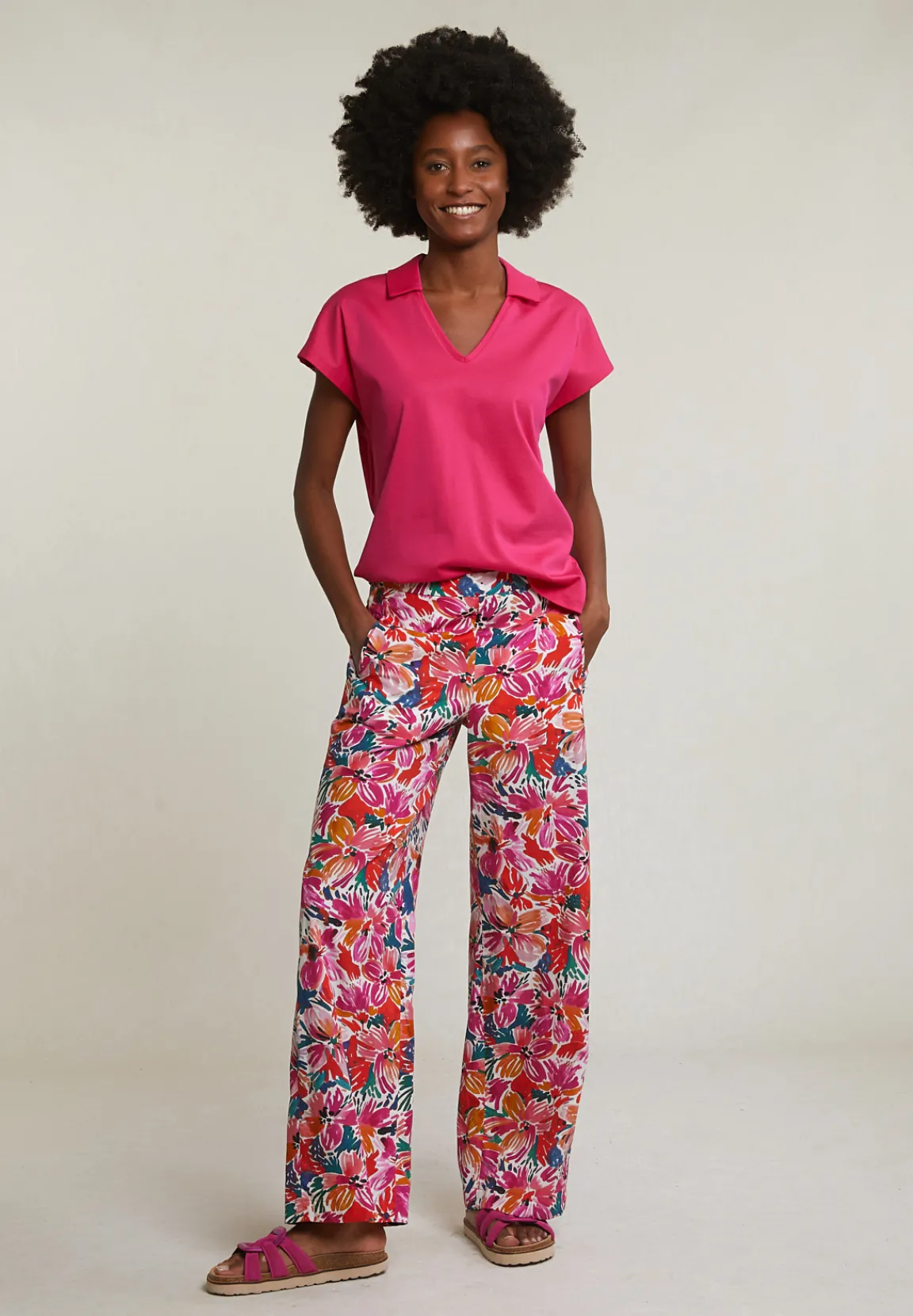 Fashion River Woods Fuchsia V-hals polo T-shirt korte mouwen -