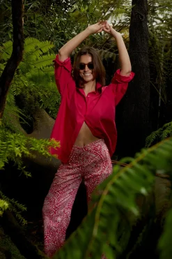 Hot River Woods Fuchsia wijde geknoopte blouse lange mouwen -