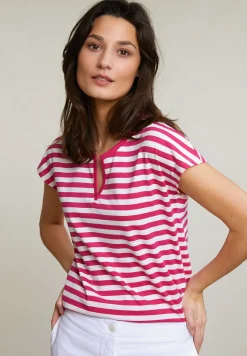 Clearance River Woods Fuchsia/wit gestreepte V-hals T-shirt -