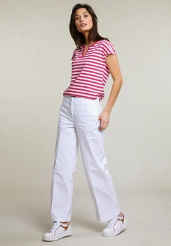Clearance River Woods Fuchsia/wit gestreepte V-hals T-shirt -