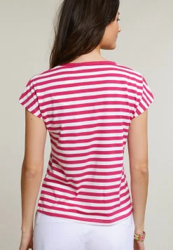 Clearance River Woods Fuchsia/wit gestreepte V-hals T-shirt -