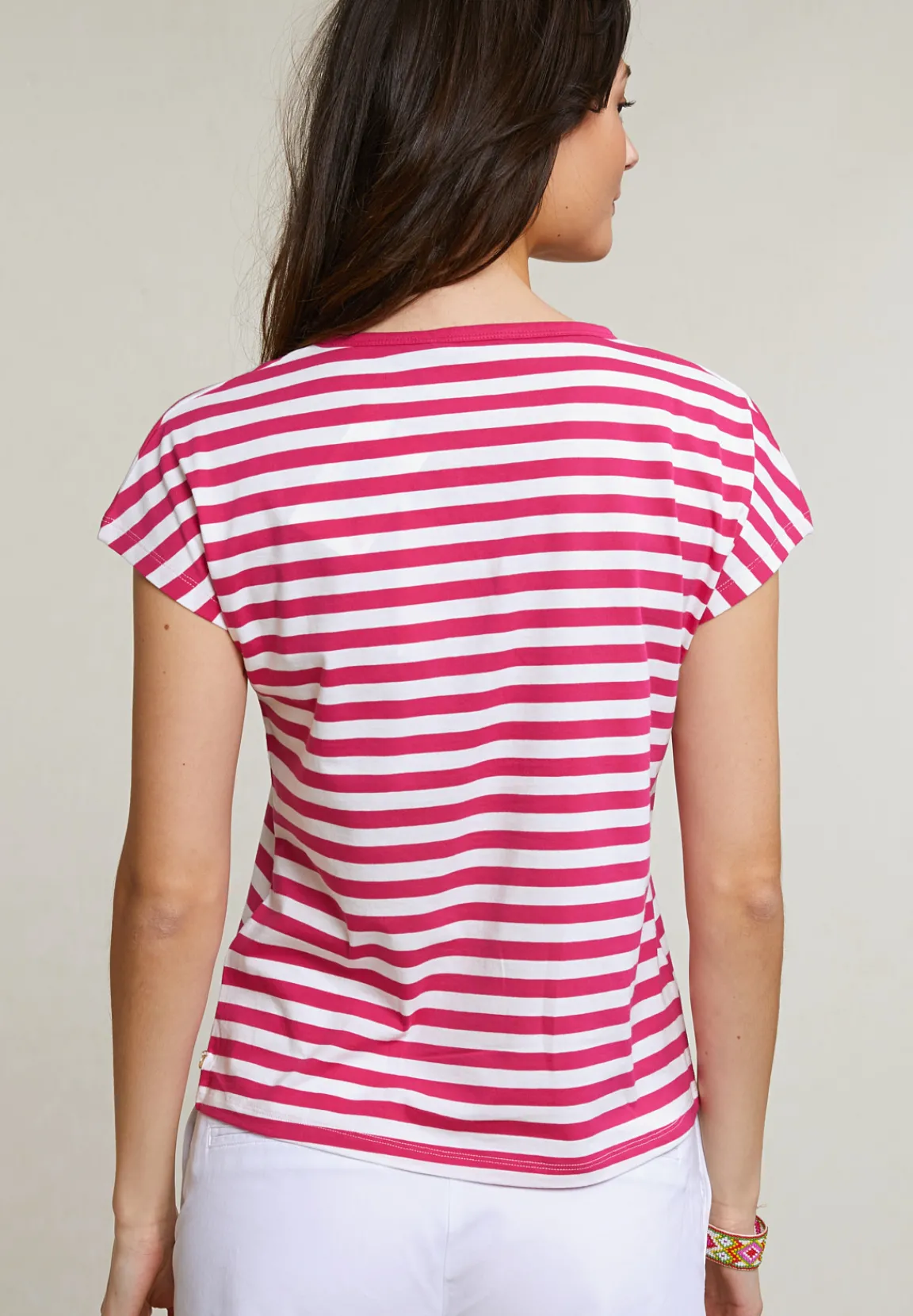 Clearance River Woods Fuchsia/wit gestreepte V-hals T-shirt -