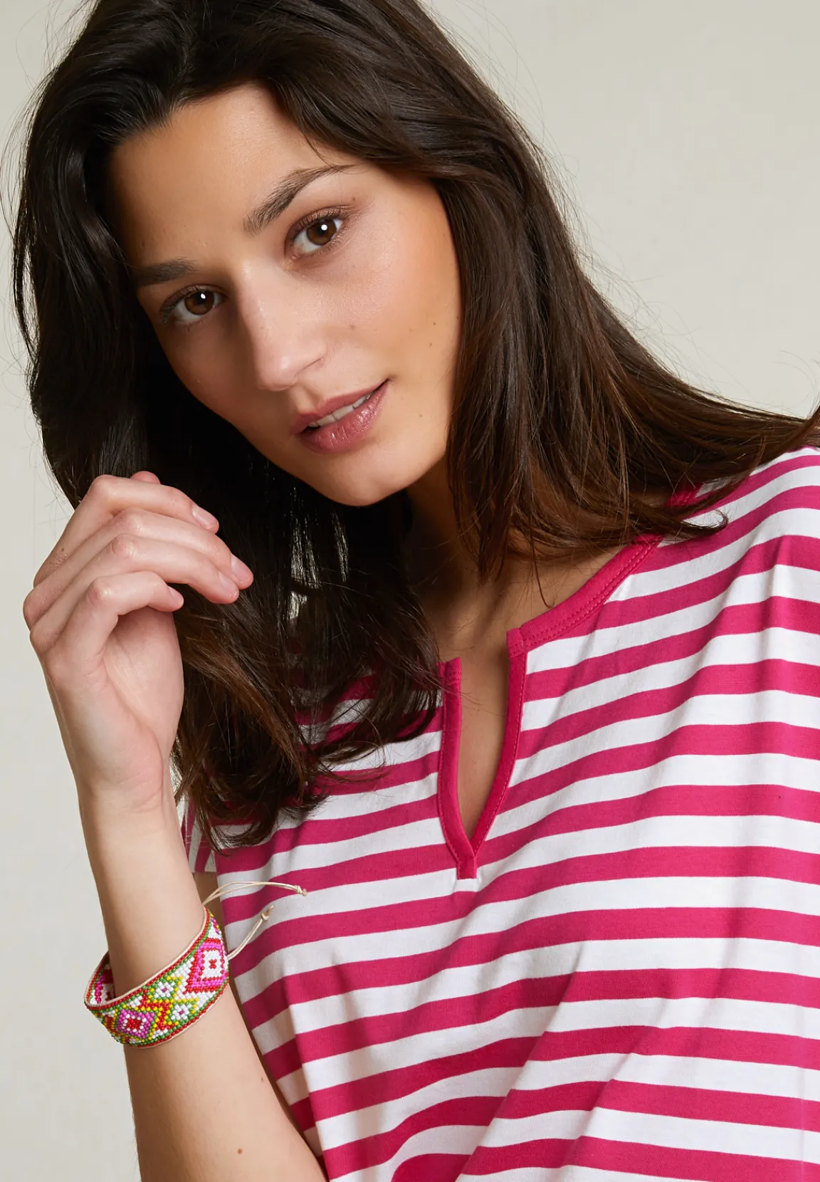 Clearance River Woods Fuchsia/wit gestreepte V-hals T-shirt -