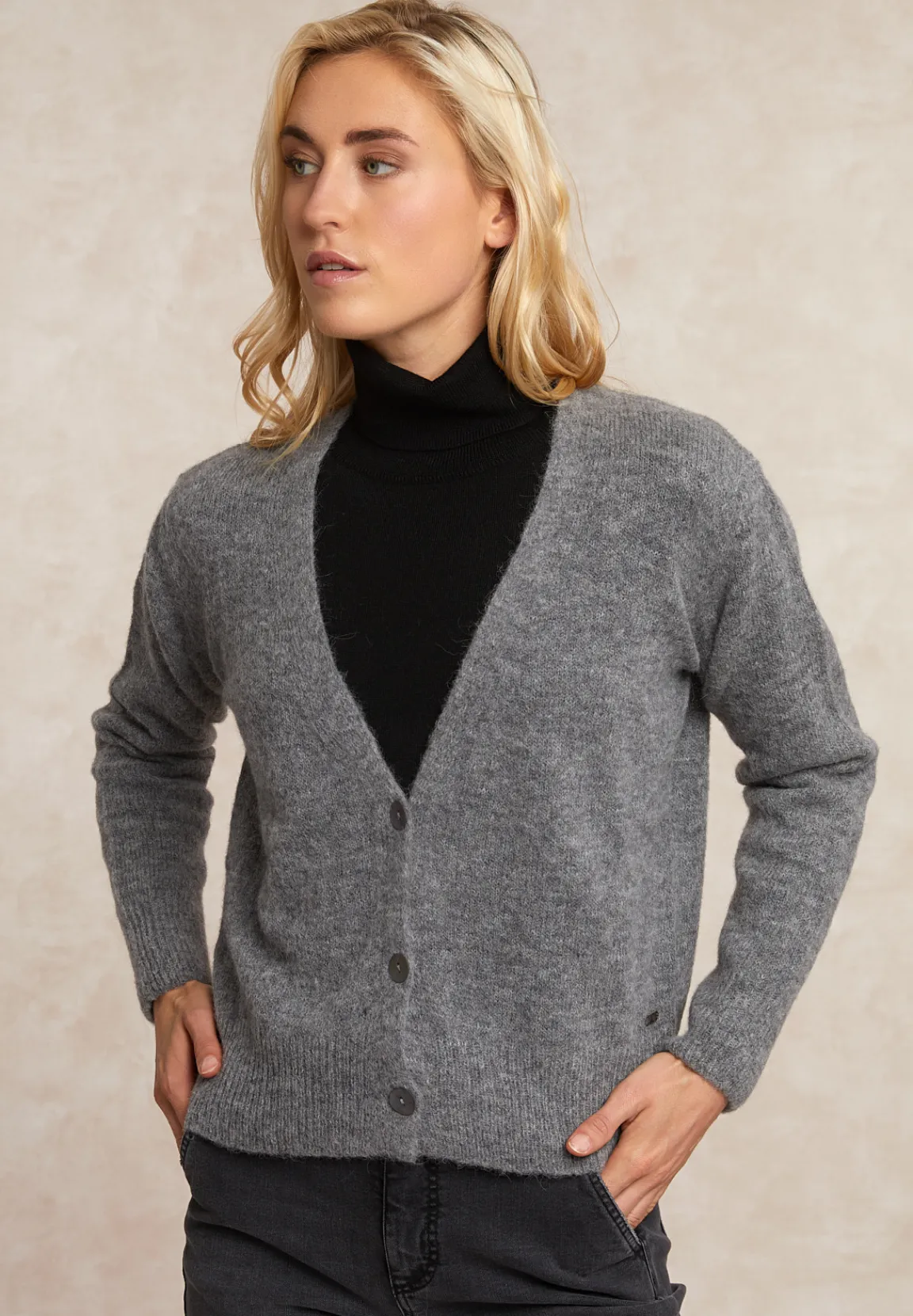 Hot River Woods Geknoopte alpaca V-hals cardigan grijs -