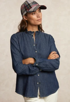 Online River Woods Geknoopte denim blouse ruches kraag blauw -