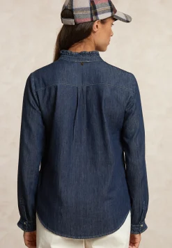 Online River Woods Geknoopte denim blouse ruches kraag blauw -