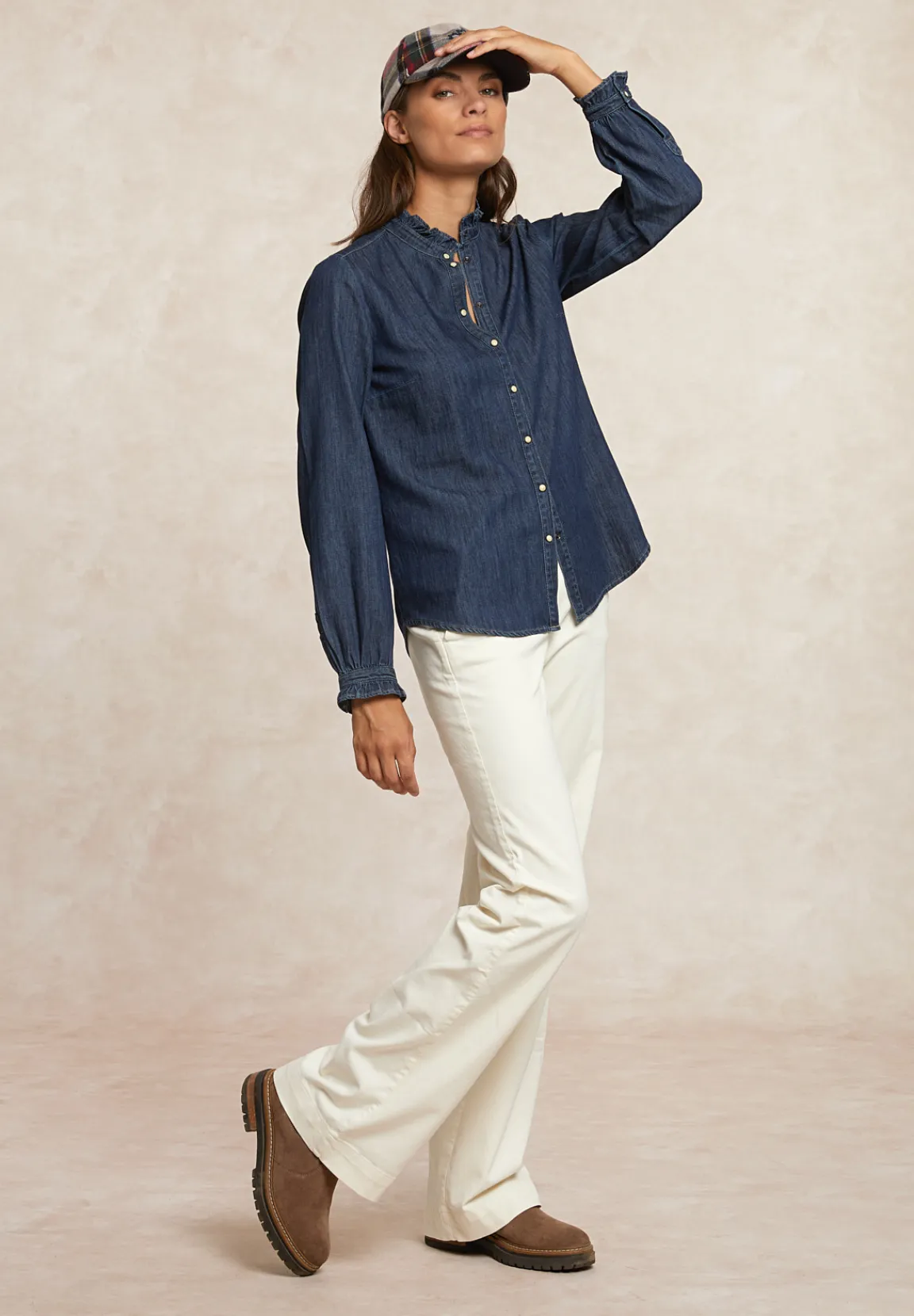 Online River Woods Geknoopte denim blouse ruches kraag blauw -