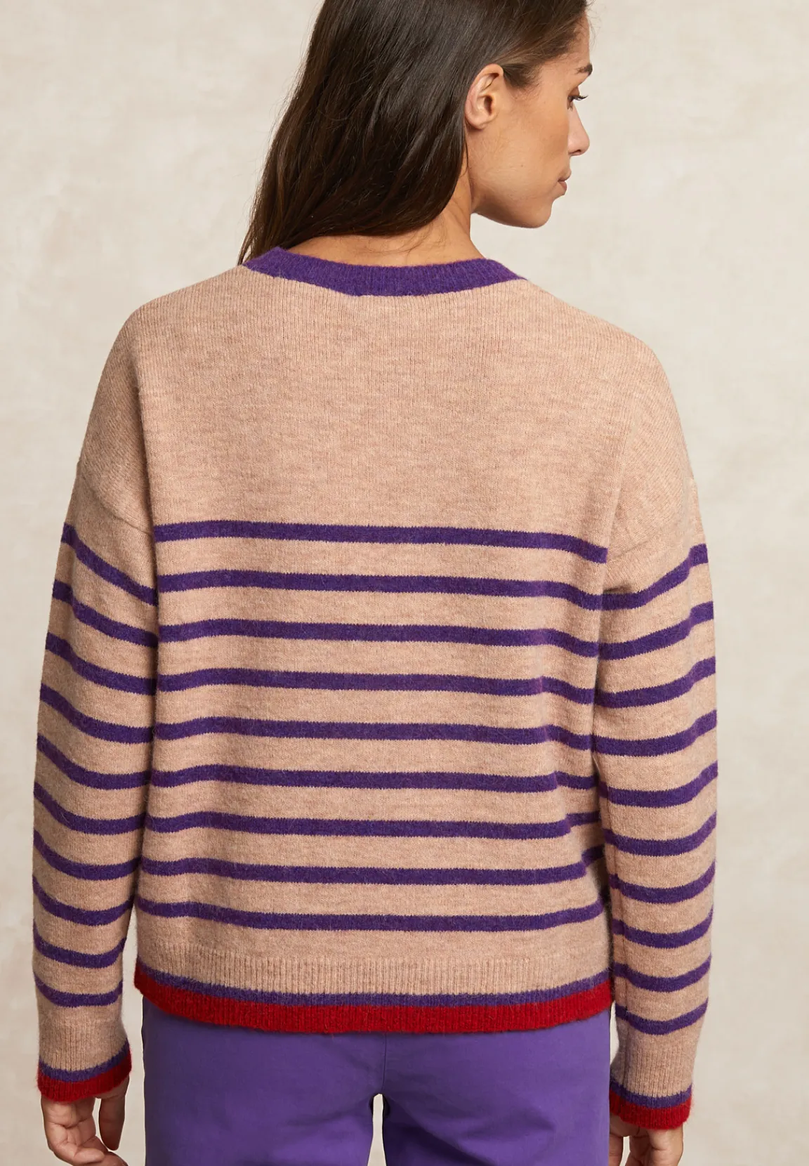 Fashion River Woods Gestreepte alpaca-wol trui ronde hals beige/paars -