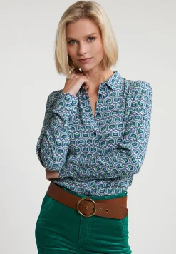 New River Woods Groen/beige fantasie blouse lange mouwen -