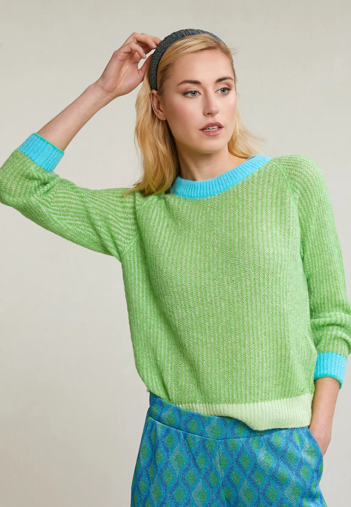 Clearance River Woods Groen/blauwe trui ronde hals lange mouwen -