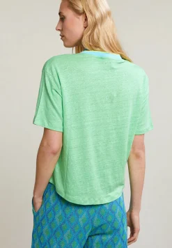 Best River Woods Groene linnen V-hals T-shirt korte mouwen -