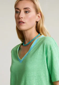 Best River Woods Groene linnen V-hals T-shirt korte mouwen -