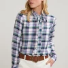 Hot River Woods Groene/paarse geruite blouse kraag met strik -