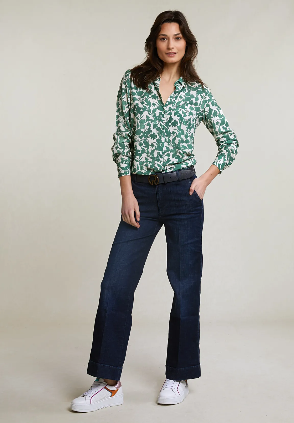 Clearance River Woods Groen/witte viscose fantasie blouse lange mouwen -