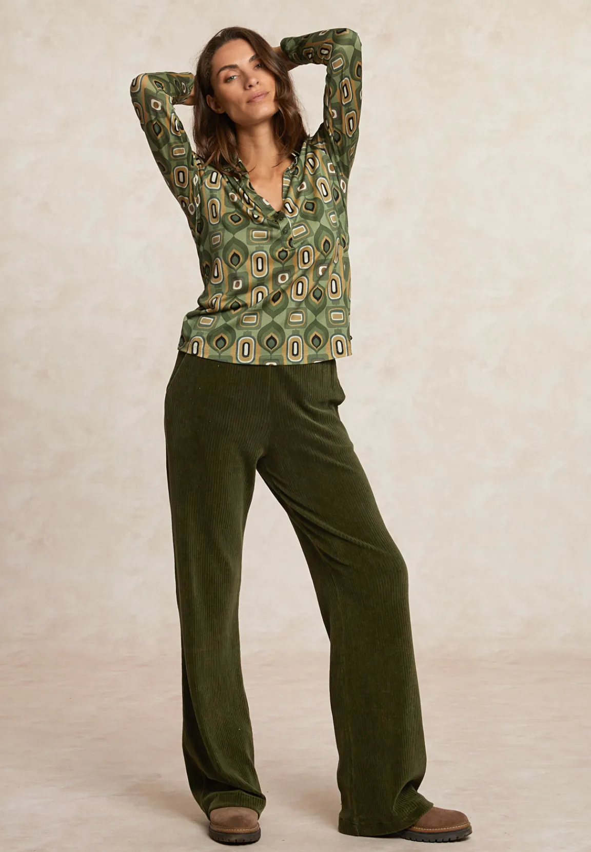 Outlet River Woods Jersey fantasie V-hals blouse kaki/bruin -