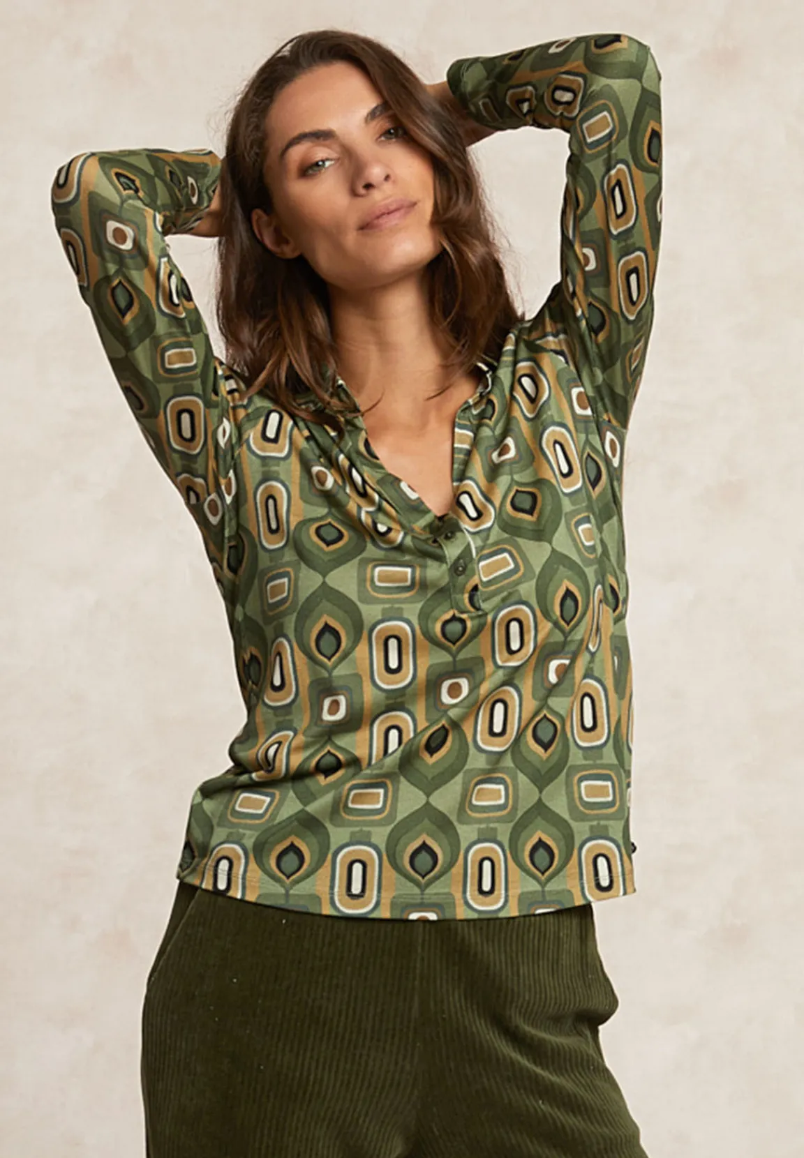 Outlet River Woods Jersey fantasie V-hals blouse kaki/bruin -