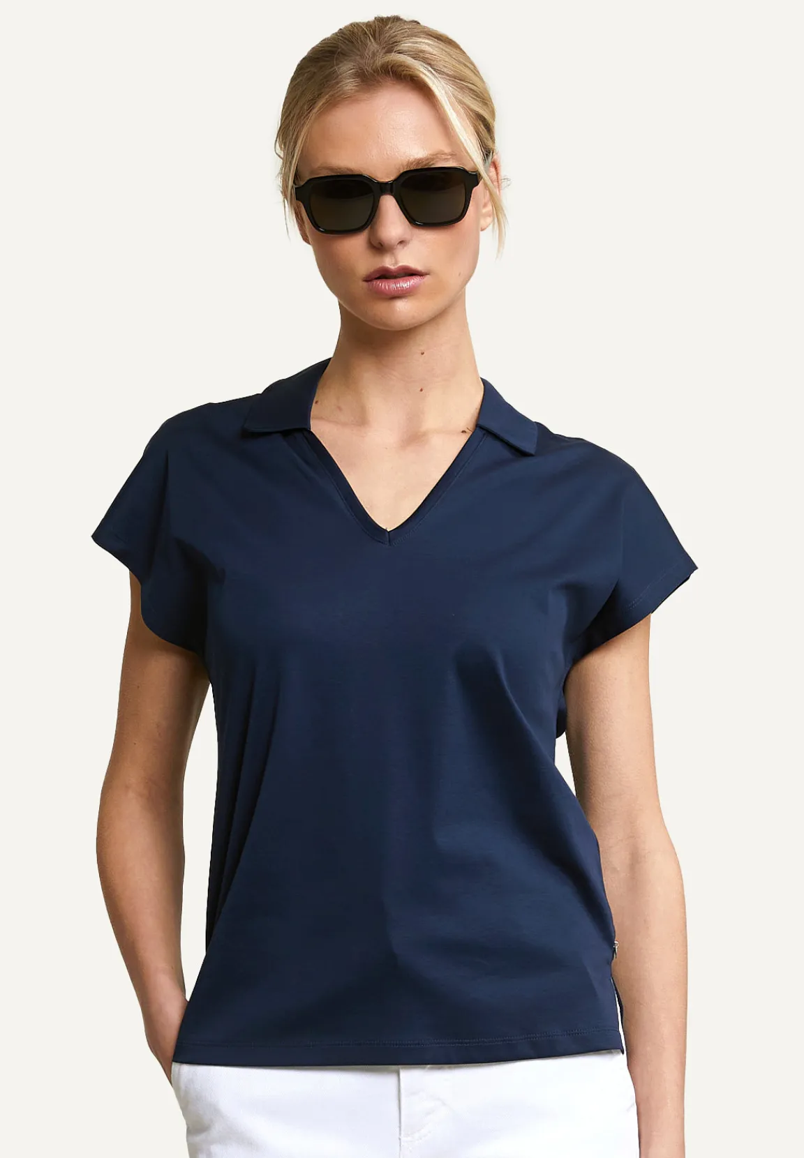 Discount River Woods Katoene V-hals polo T-shirt korte mouwen navy -