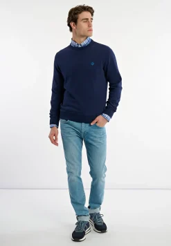 Clearance River Woods Katoenen basic trui ronde hals midnight blue mix -