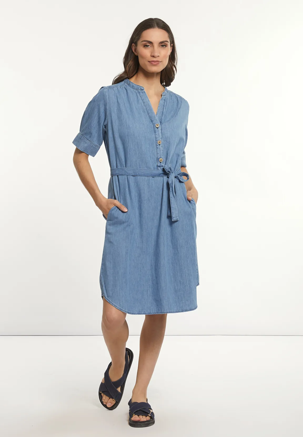 Discount River Woods Katoenen denim V-hals jurk elleboogmouwen blauw -