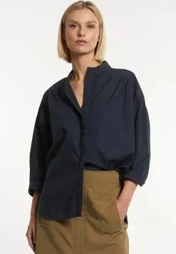 Best River Woods Katoenen effen oversized V-hals blouse navy -