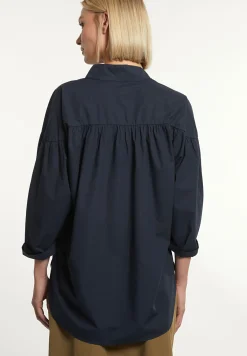 Best River Woods Katoenen effen oversized V-hals blouse navy -