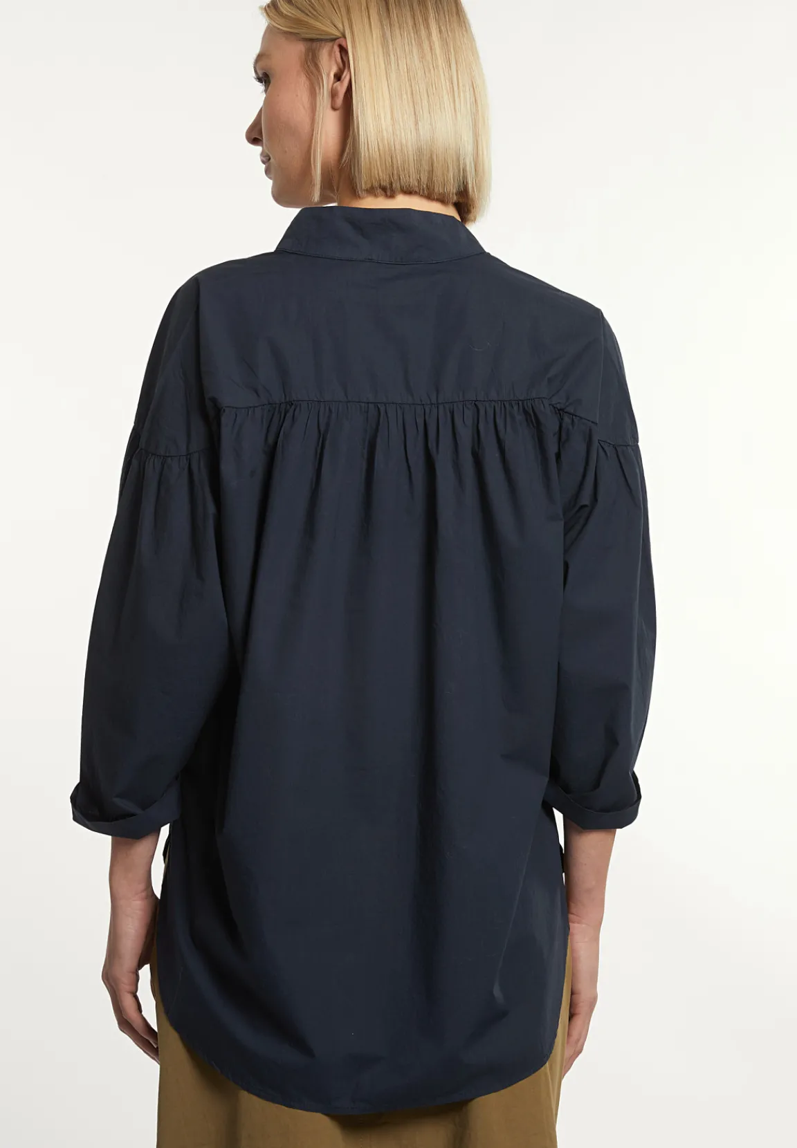 Best River Woods Katoenen effen oversized V-hals blouse navy -