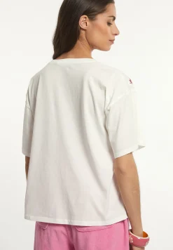 Fashion River Woods Katoenen fantasie T-shirt ronde hals korte mouwen écru/roze -