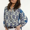Discount River Woods Katoenen fantasie V-hals blouse 3/4 mouwen écru/blauw -