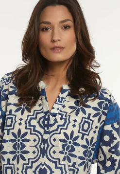 Discount River Woods Katoenen fantasie V-hals blouse 3/4 mouwen écru/blauw -