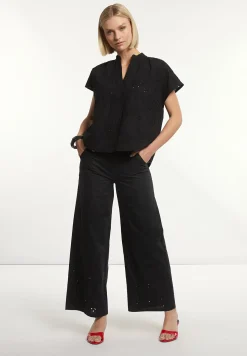 Best River Woods Katoenen geborduurde V-hals blouse korte mouwen zwart -