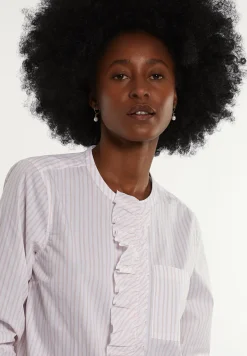 Hot River Woods Katoenen gestreepte blouse met ruches roze/wit -