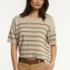 Hot River Woods Katoenen gestreepte glittertrui korte mouwen beige -