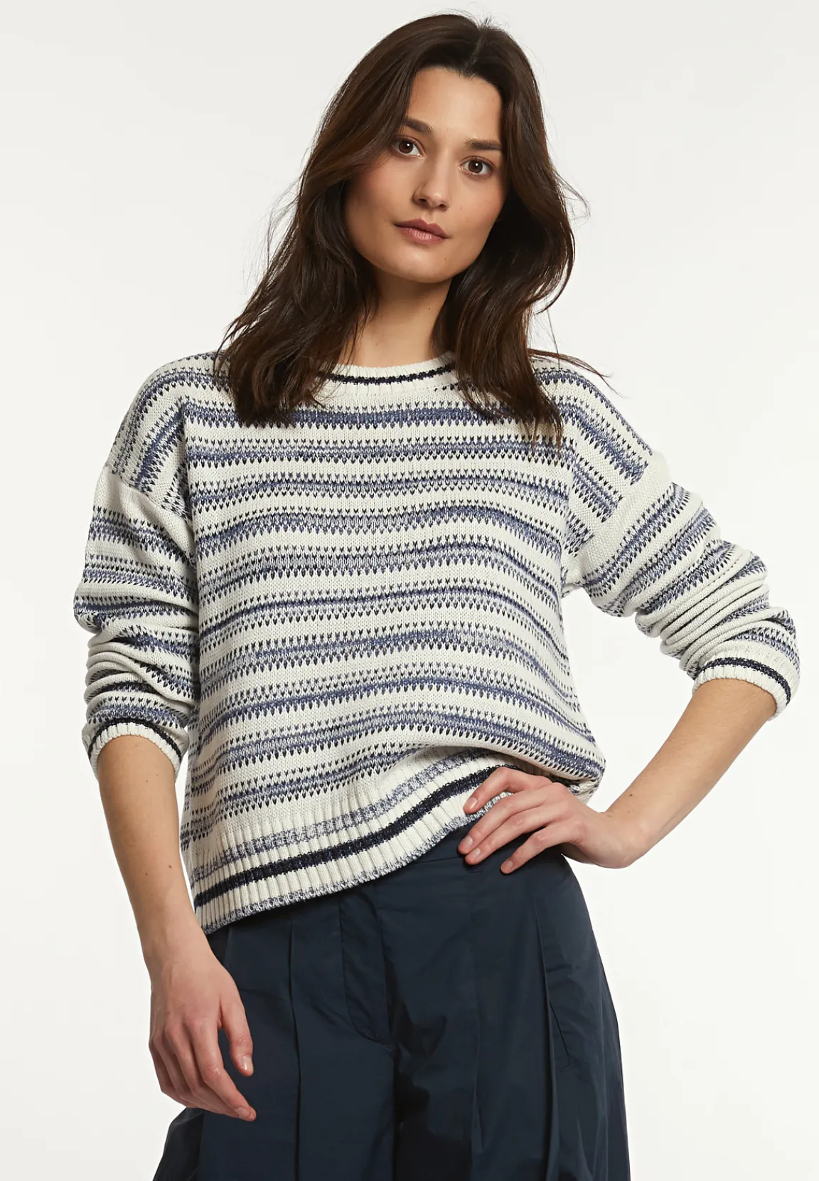 Fashion River Woods Katoenen gestreepte trui ronde hals navy/wit -