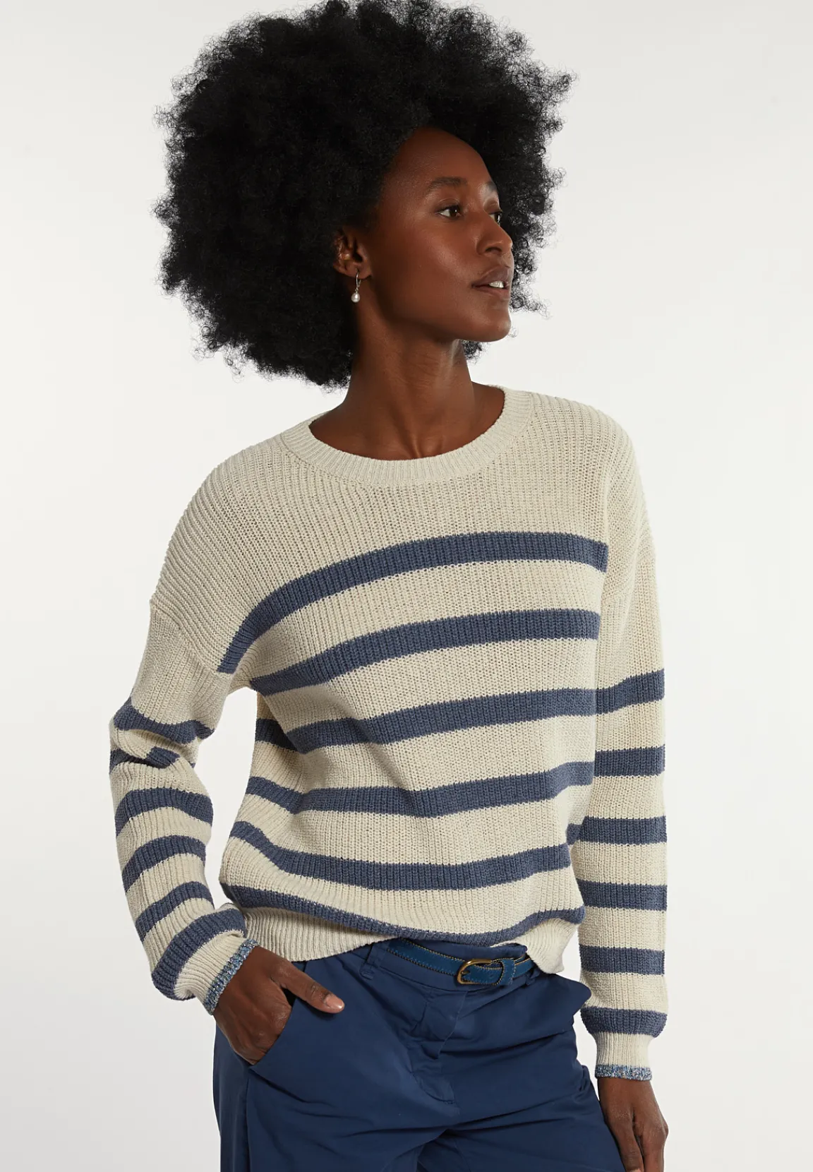 Online River Woods Katoenen gestreepte trui ronde hals écru/blauw -