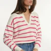 Best River Woods Katoenen gestreepte V-hals trui lange mouwen roze/wit -