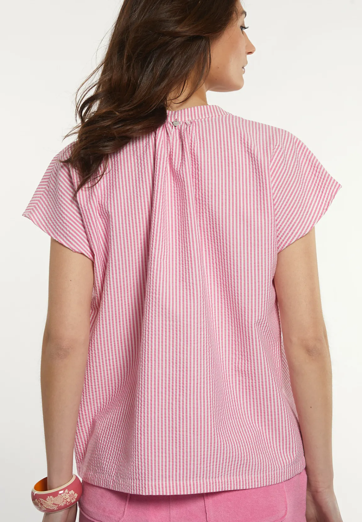 Best River Woods Katoenen gestreepte V-hals blouse roze/wit -