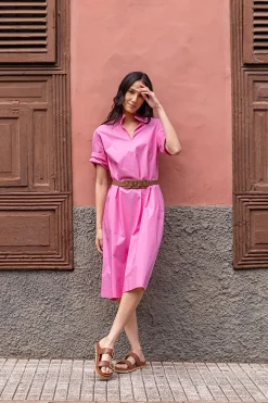 Clearance River Woods Katoenen jurk met riem elleboogmouwen roze -