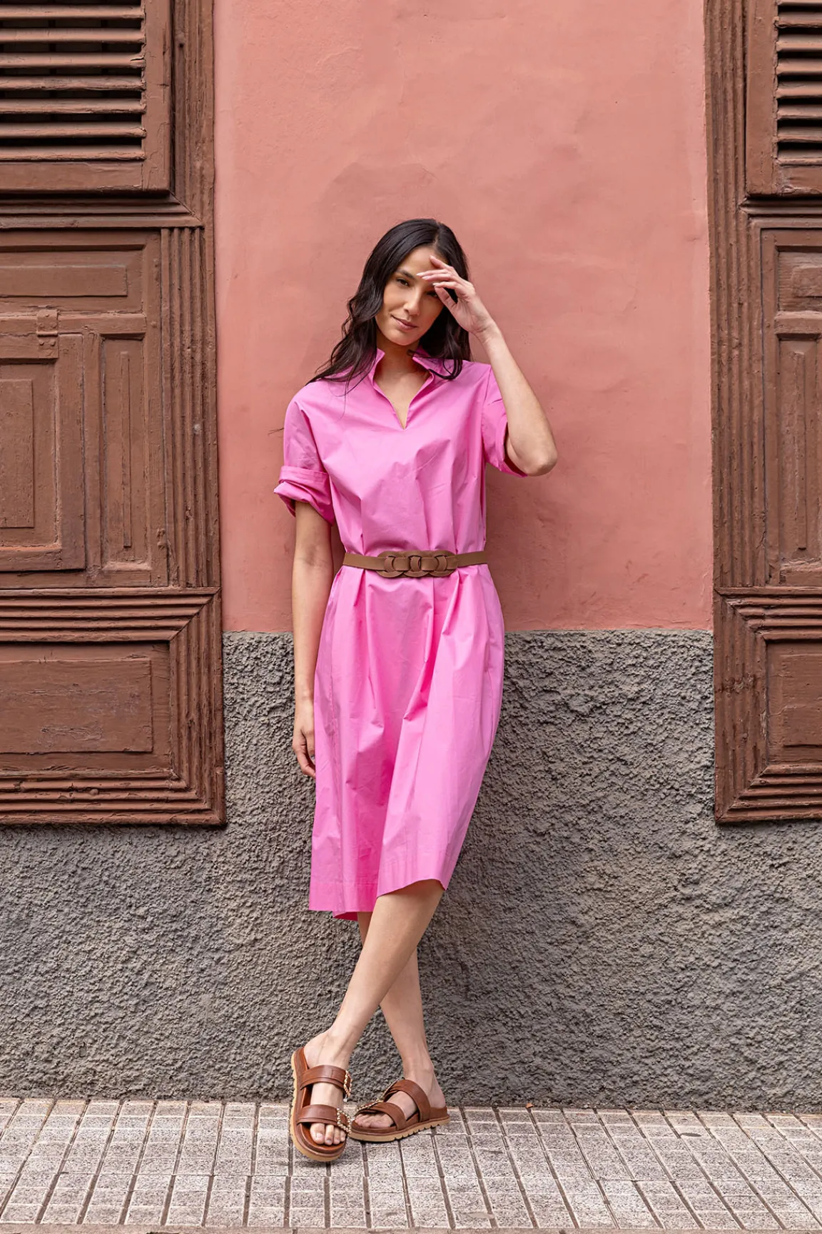 Clearance River Woods Katoenen jurk met riem elleboogmouwen roze -