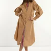 Outlet River Woods Katoenen jurk met riem pofmouwen beige -