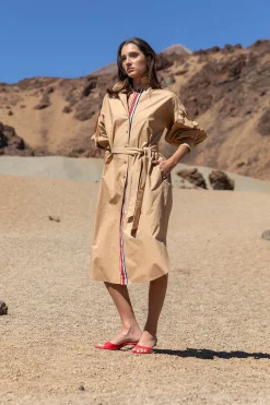 Outlet River Woods Katoenen jurk met riem pofmouwen beige -
