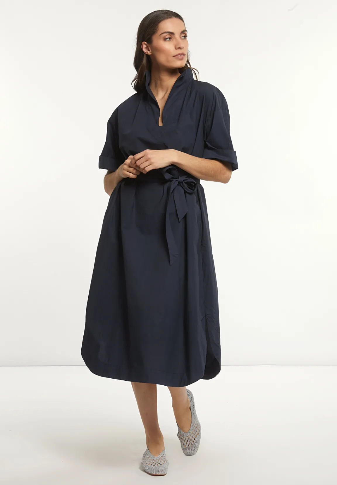 Sale River Woods Katoenen lange jurk 3/4 mouwen met riem navy -