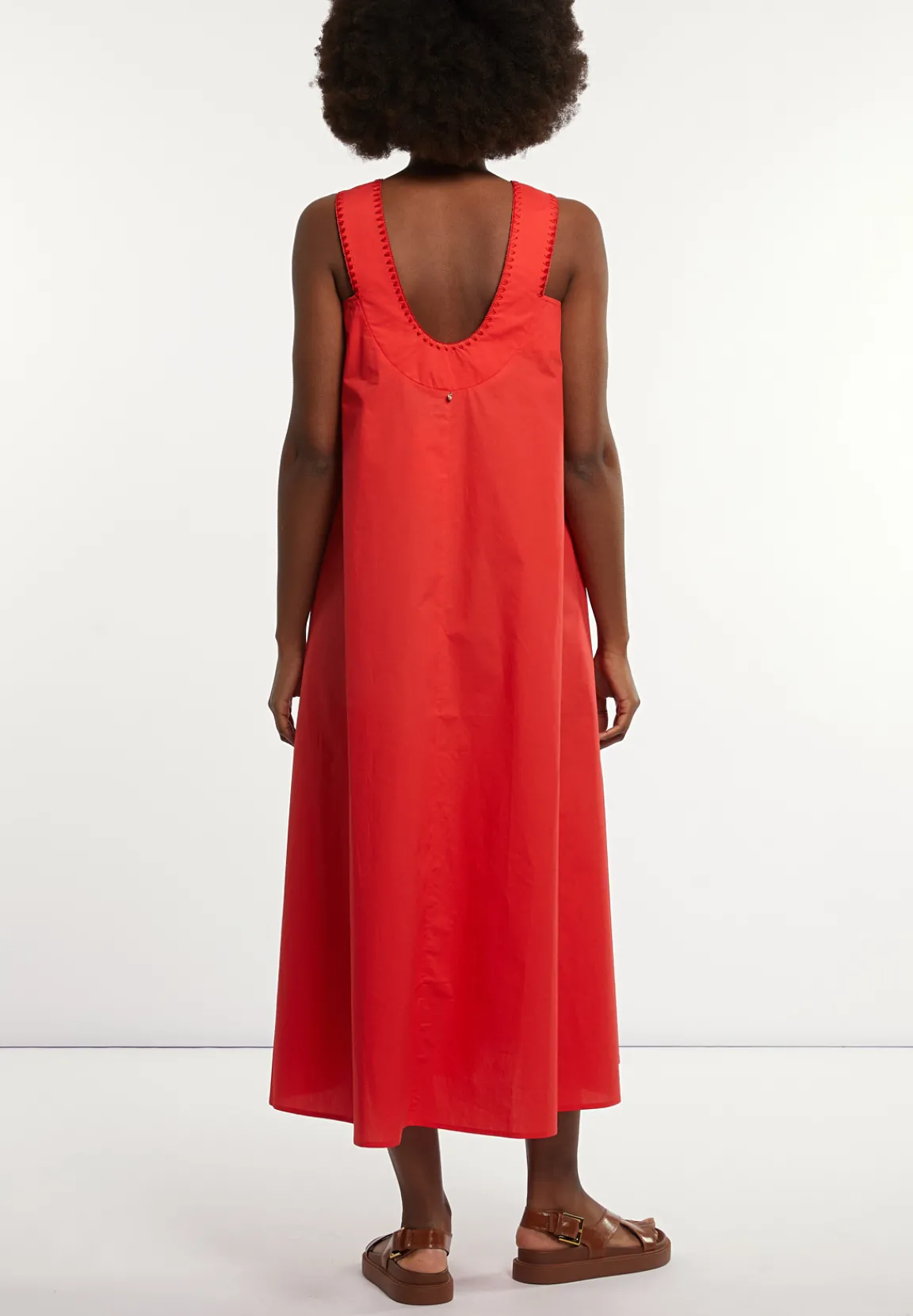 New River Woods Katoenen lange mouwloze jurk open rug rood -