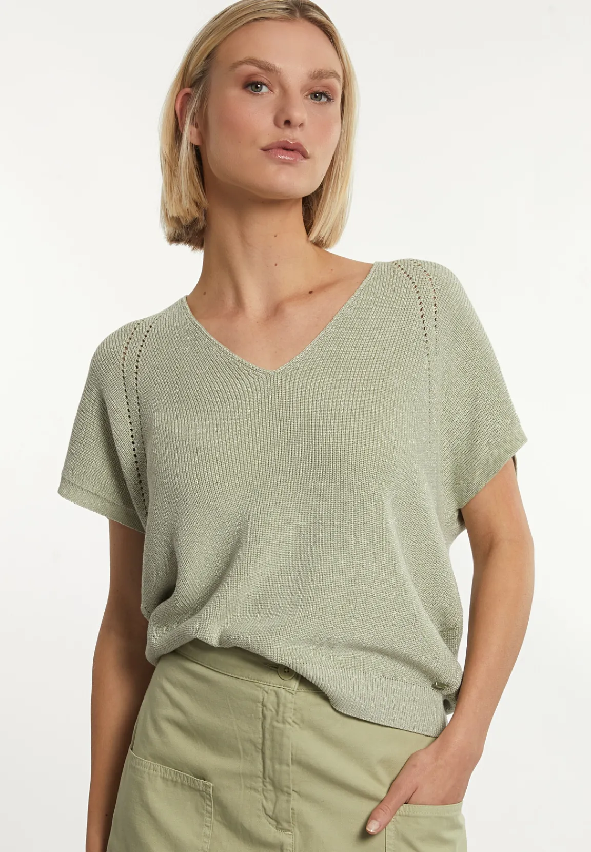 Outlet River Woods Katoenen mouwloze V-hals glittertrui groen -
