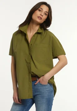 Fashion River Woods Katoenen oversized blouse korte mouwen borstzak olijfgroen -