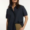 New River Woods Katoenen oversized blouse korte mouwen borstzak navy -